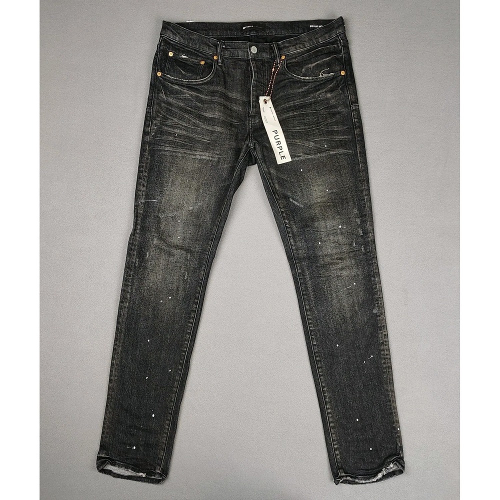 PURPLE BRAND Jean 36x33 Black Slim Leg Low Rise Whiskers Distressed Button Fly